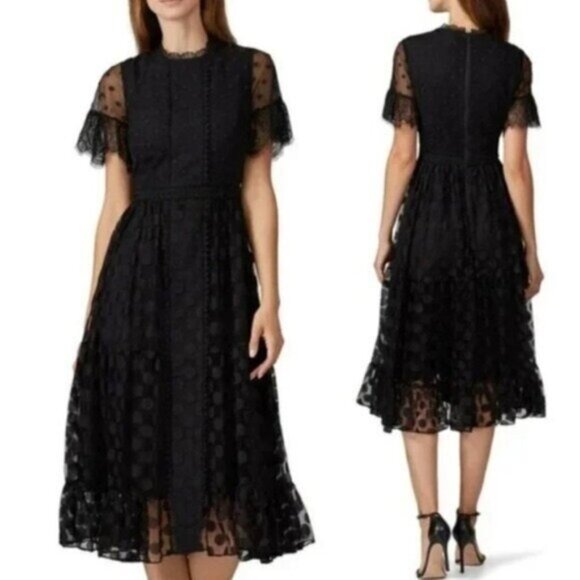 $595 Saloni Andie Lace Trimmed Polka Dot Tulle Dress Blafn Ruffle flounce hem - Picture 1 of 7